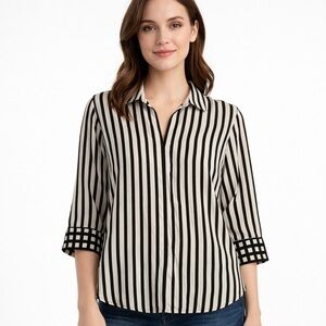 Foxcroft Medium Agnes NWOT Black and Taupe Striped Shirt 3/4 sleeves Tunic Top